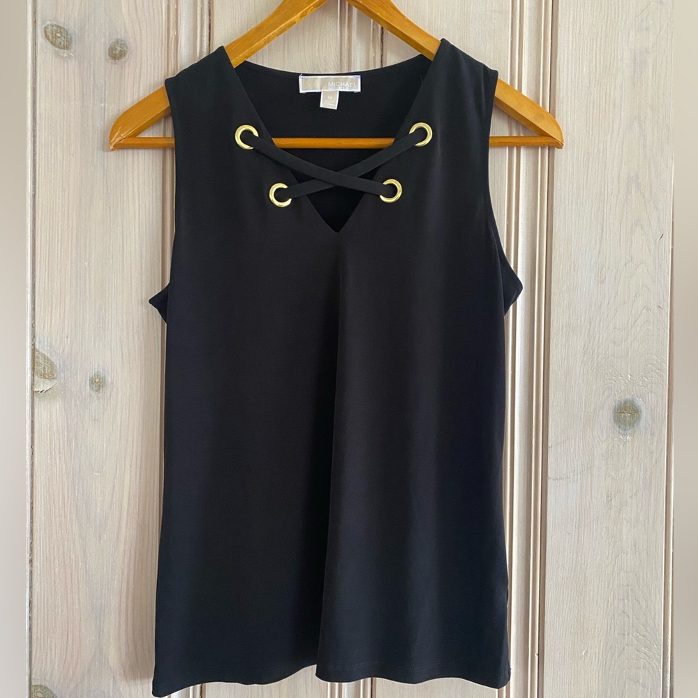 Michael Kors Black Lace-Up V-Neck Tank with Gold Details